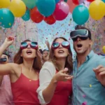 Modelos 3D de gafas con avatares de realidad virtual flotando detrás de ellos