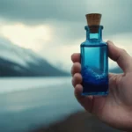 3D rendering of a persons hand holding a vial of blue liquid