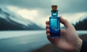 3D rendering of a persons hand holding a vial of blue liquid