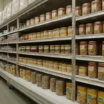 Filas de alimentos empaquetados en una estantería de supermercados