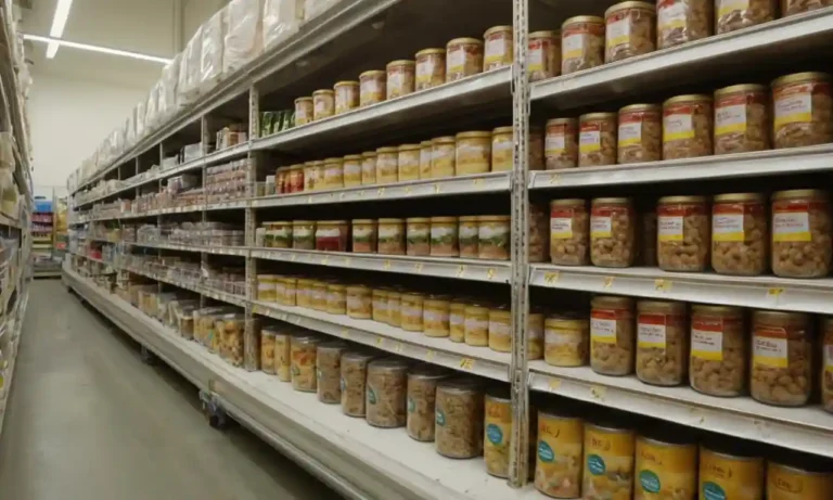Filas de alimentos empaquetados en una estantería de supermercados