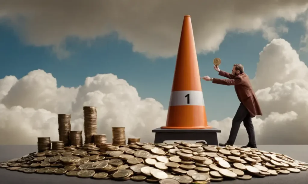 Una ilustración estilizada que muestra a una persona aferrarse o apoyarse en una escala aparentemente frágil con monedas y acciones en riesgo