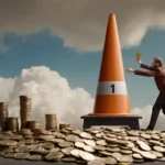 Una ilustración estilizada que muestra a una persona aferrarse o apoyarse en una escala aparentemente frágil con monedas y acciones en riesgo