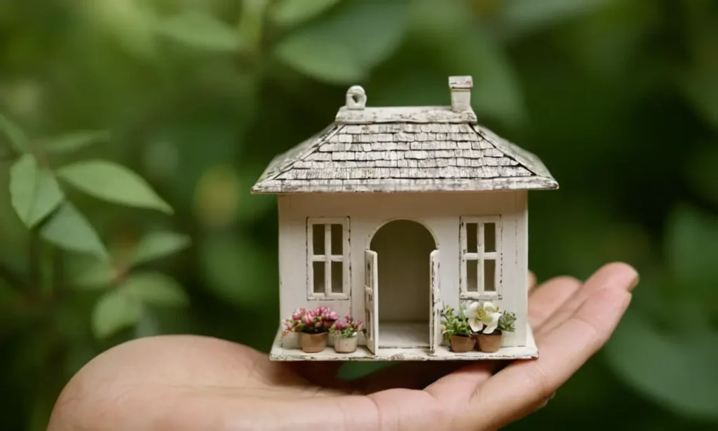 Unas manos de novias que sostienen una pequeña caja o contenedor en forma de casa con techo abierto y puertas