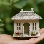Unas manos de novias que sostienen una pequeña caja o contenedor en forma de casa con techo abierto y puertas