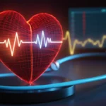 ilustración 3D del corazón con patrones de latidos cardíacos irregulares en diferentes colores