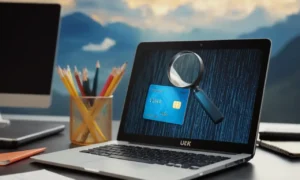 Icono de disco duro o base de datos de 3 dimensiones con una lupa de vidrio y cuadernos/penciles rodeados de nubes digitales de datos personales