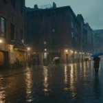 Depicts an urban landscape with dark blue skies