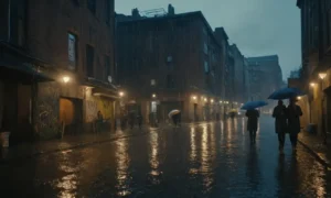 Depicts an urban landscape with dark blue skies