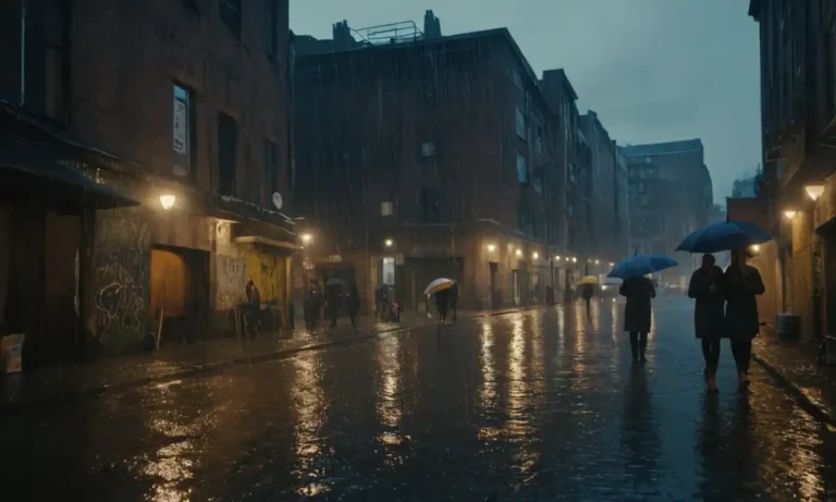 Depicts an urban landscape with dark blue skies