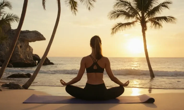 Una persona practicando yoga o Pilates en una playa tranquila al amanecer