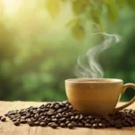frijoles de café 3D en una superficie de madera rústica