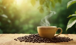 frijoles de café 3D en una superficie de madera rústica