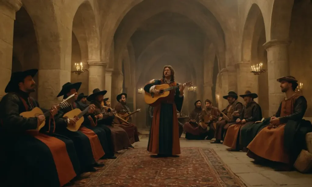 Troubadours del siglo XII tocando lutes y cantando en medio de un escenario medieval cortesano