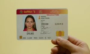 Un primer plano de las personas que sostienen el documento nacional de identificación de España