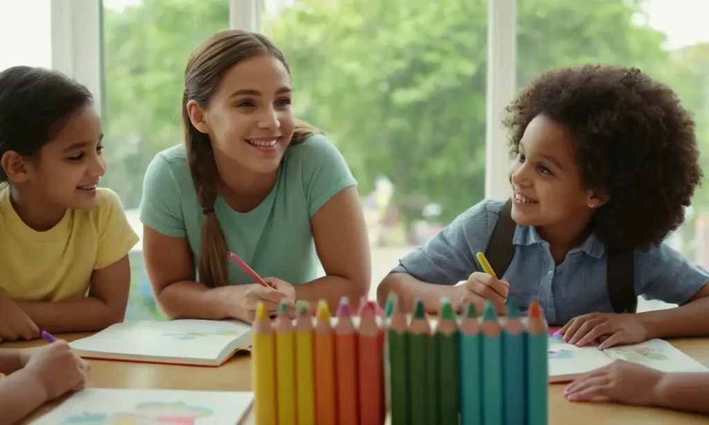 un grupo de niños diversos jugando junto con cantones y libros coloridos