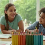un grupo de niños diversos jugando junto con cantones y libros coloridos