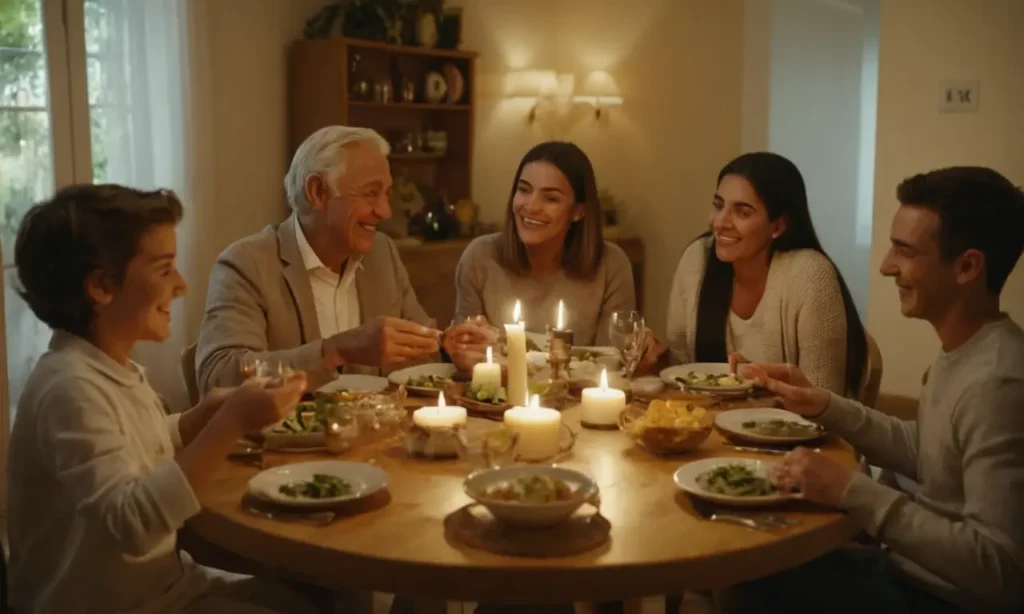 3-5 miembros de la familia se reunieron alrededor de la mesa de la cena