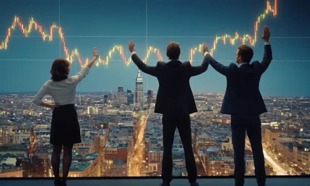 2 personas de pie en un gráfico de mercado financiero