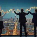 2 personas de pie en un gráfico de mercado financiero