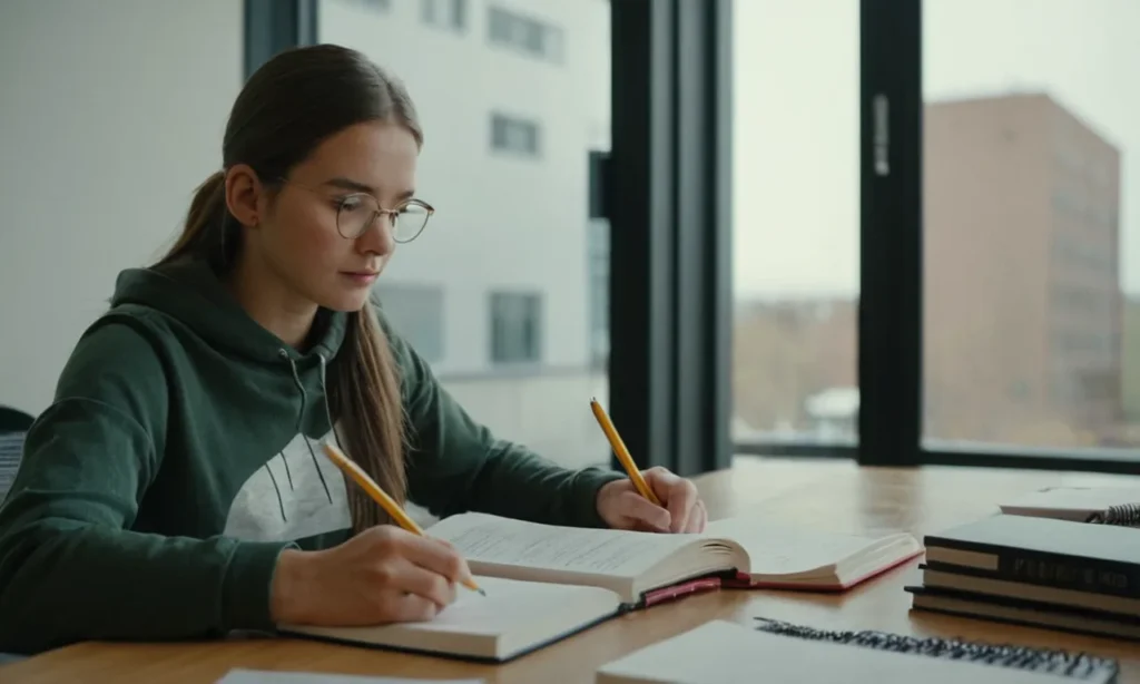 Estudiante de 1er año sentado en un escritorio con libros de texto y notas