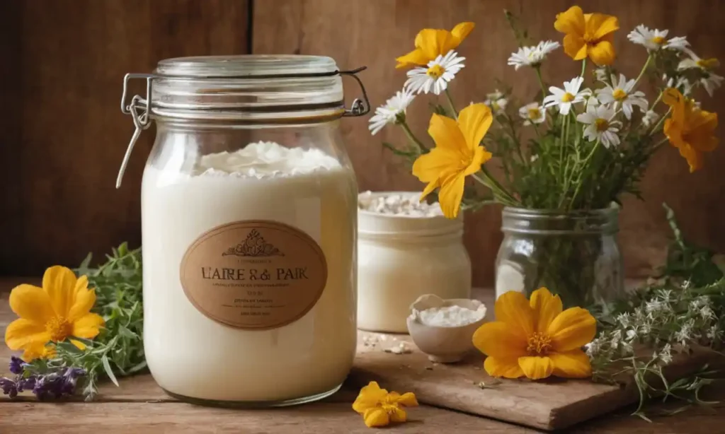 Una ilustración de estilo vintage o fotografía con una sustancia blanca cremosa en un frasco