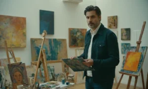Un artista profesional o dueño de galerías rodeado de obras de arte