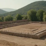 Edificio de estilo XVII construido sobre un fondo plano con decoraciones mínimas