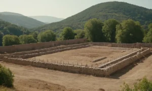 Edificio de estilo XVII construido sobre un fondo plano con decoraciones mínimas