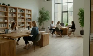 3-5 personas trabajando juntas en laptops con posturas relajadas en un espacio moderno y abierto con mesas de madera y sillas cómodas