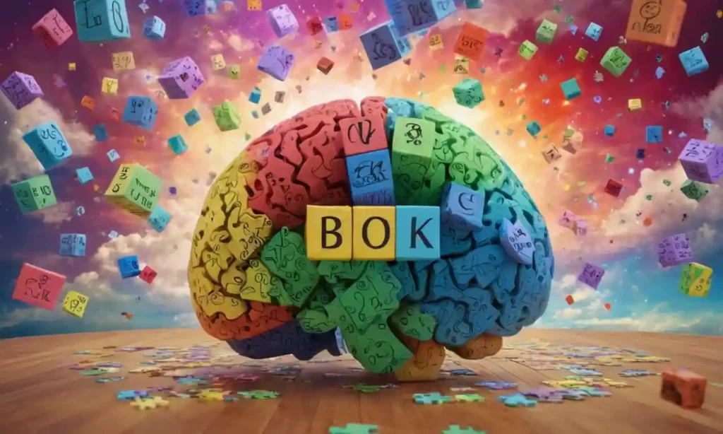 Un cerebro de personas con letras dispersas y palabras en medio de nubes giratorias y burbujas de pensamiento