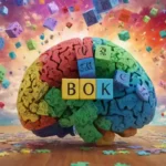 Un cerebro de personas con letras dispersas y palabras en medio de nubes giratorias y burbujas de pensamiento