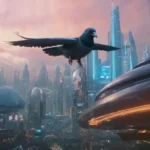 Paisaje urbano futurista del siglo 22 con rascacielos elegantes y luces de neón