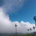 El tiempo va girando en diferentes direcciones sobre un fondo colorido de nubes y condiciones atmosféricas como niebla