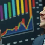 Los gráficos financieros se elevan hacia arriba con barras coloridas