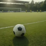 Un campo de fútbol con una pelota cerca del centro