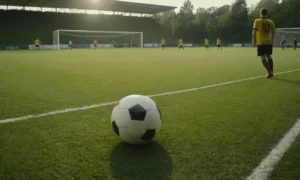 Un campo de fútbol con una pelota cerca del centro