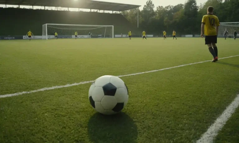 Un campo de fútbol con una pelota cerca del centro