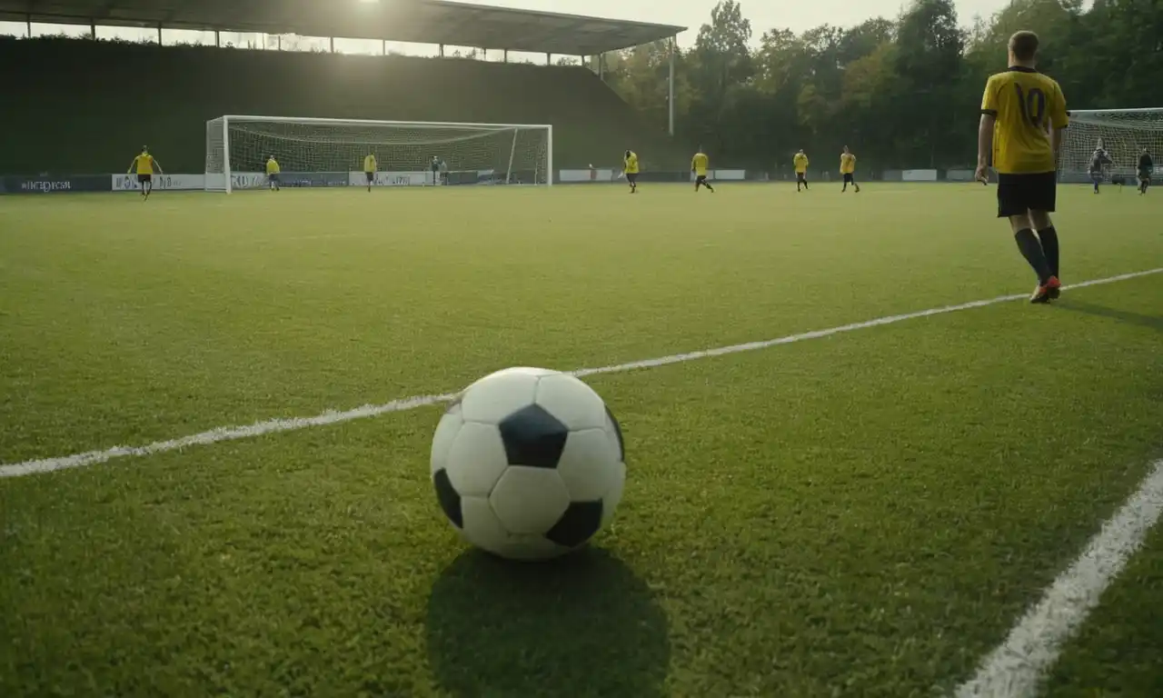 Un campo de fútbol con una pelota cerca del centro