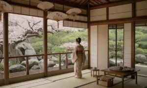 Jardín japonés del siglo 18 con flores de cereza