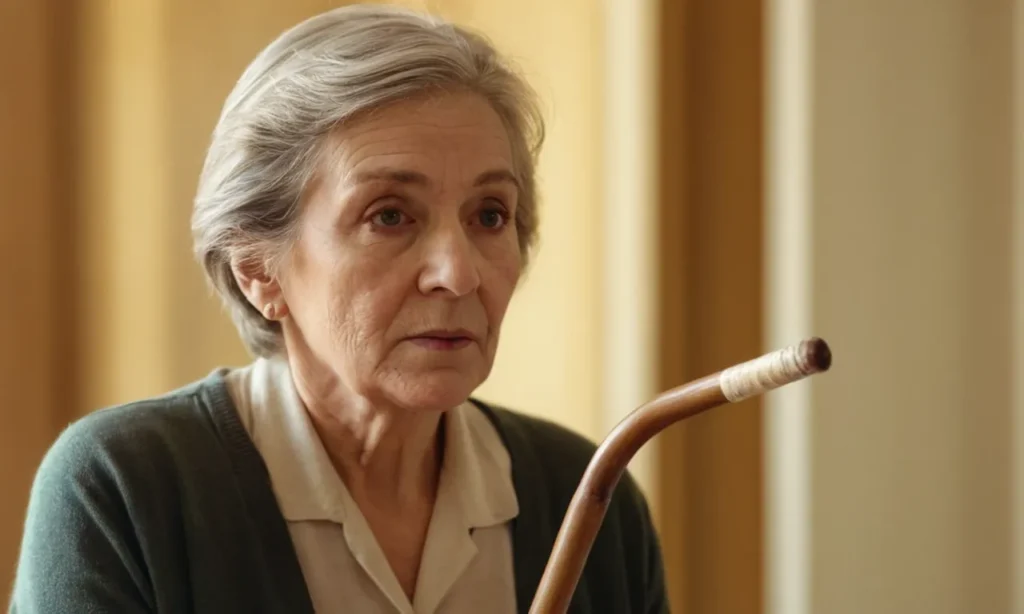 Mujer de 65 años que sostiene un bastón
