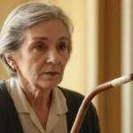 Mujer de 65 años que sostiene un bastón