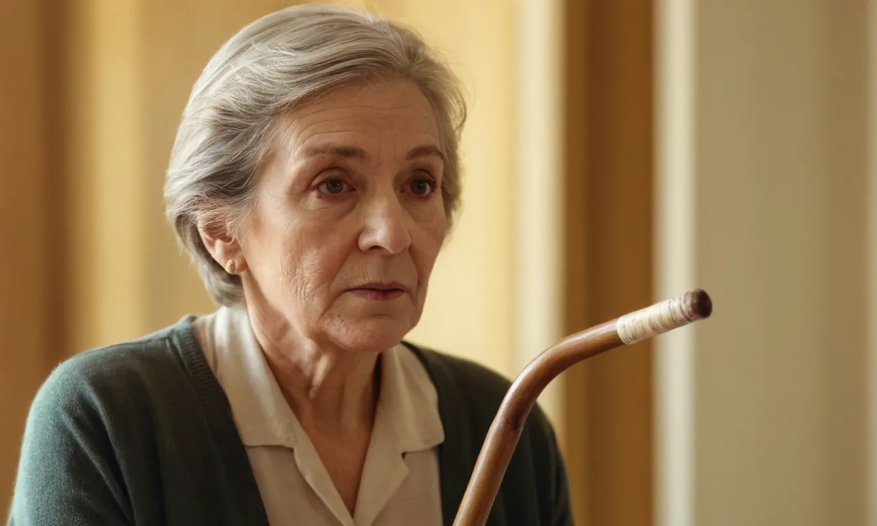 Mujer de 65 años que sostiene un bastón