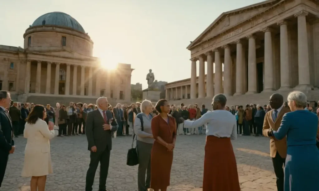 Un grupo de personas se reunieron alrededor de un edificio de instituciones emblemáticas que simbolizaba la unidad