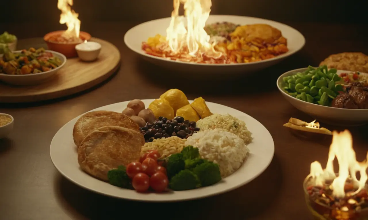 ilustración 3D de una variedad de alimentos con diferentes calorías que se enumeran junto a cada plato