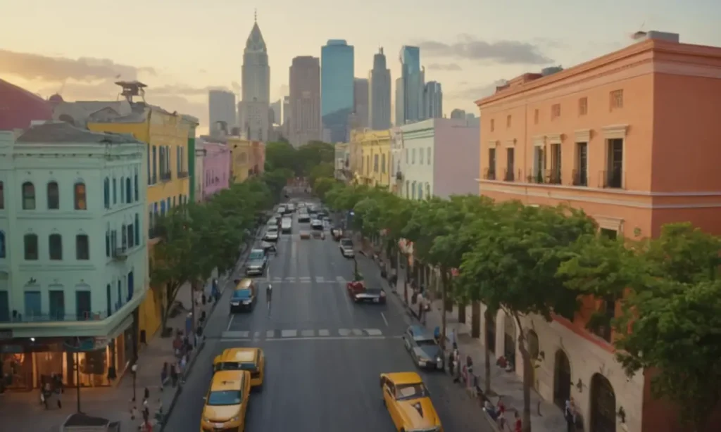 Paisaje urbano vibranto al atardecer