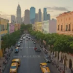 Paisaje urbano vibranto al atardecer