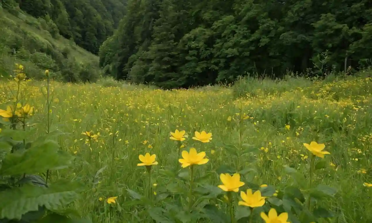Un grupo de flores amarillas o doradas brillantes con tallos y hojas rodeadas de exuberante follaje verde