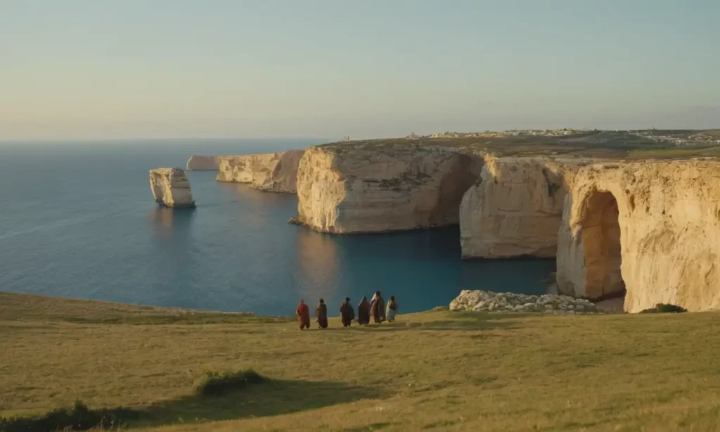 Una cálida puesta de sol o un atardecer dorado con un paisaje maltés con campos