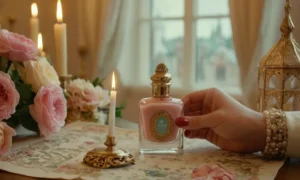 Ilustración de estilo vintage de una persona que sostiene una botella de esmalte de uñas y cepillo con adorno dorado ornamentado